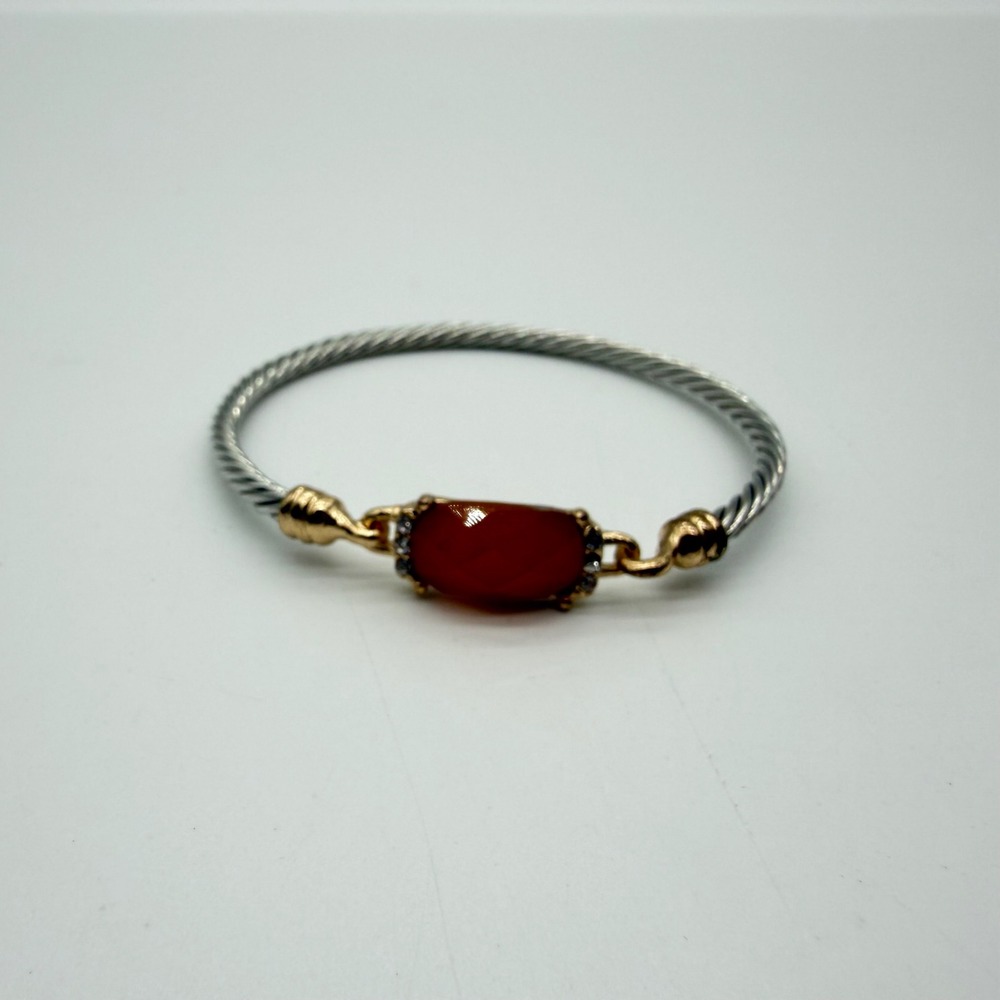 Two Tone Cable Twist Bangle Bracelet Orange Faceted Stone Crystal Accents
